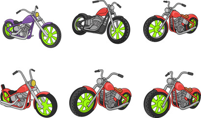 Custom chopper motorcycle cartoon set with colorful wheels and classic cruiser design vector illustration collection isolated on white background © Shuda