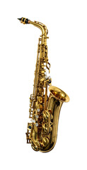 Naklejka premium A shiny gold saxophone standing alone on a black background