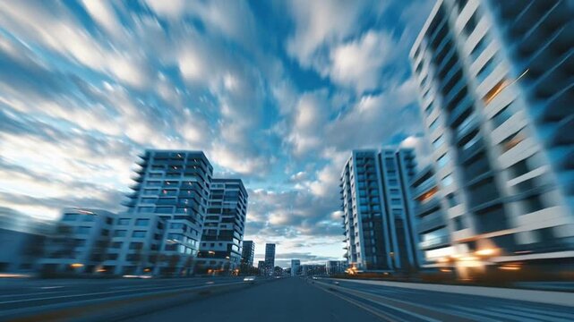 Urban timelapse, modern building motions, fast moving clouds