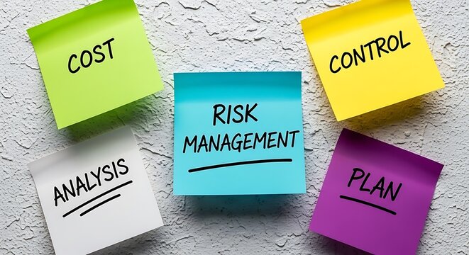 Visual representation of essential business framework for effective risk management, highlighting strategic planning, cost analysis, and control measures on vibrant sticky notes