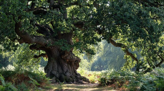 sturdy. Ancient oak tree trunk deeply rooted, lush foliage above, natural light. travel magazines, destination branding, wall prints, designed for travel destination branding, used by professors.
