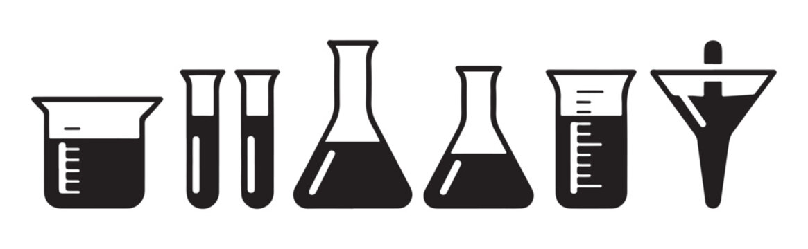 Laboratory equipment vector icons including erlenmeyer flask beaker test tube and funnel for chemical lab