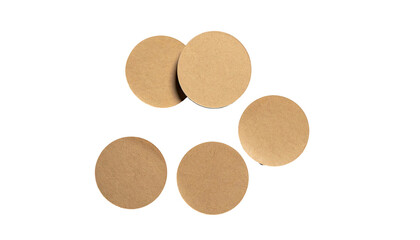 Five tan, circular coasters on a black surface