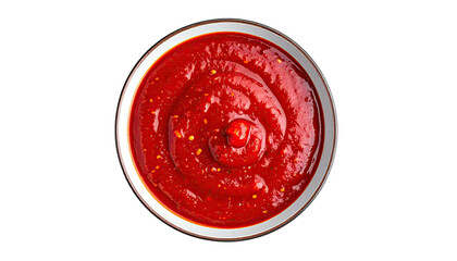A bowl of vibrant, thick, red sauce, overhead shot