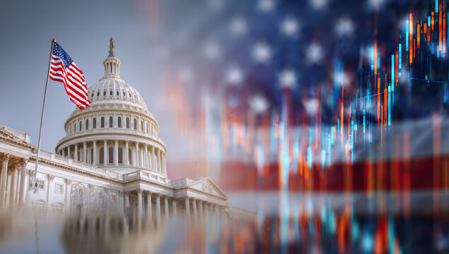 U.s. capitol building with american flag in front, featuring classical architecture with domed roof, columns, and decorative details, against a backdrop of financial stock market