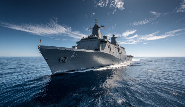 U.s. navy gray naval ship sailing in open ocean with calm waters and clear sky