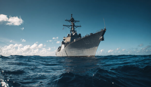 U.s. navy gray naval ship sailing in open ocean with calm blue waters and clear sky