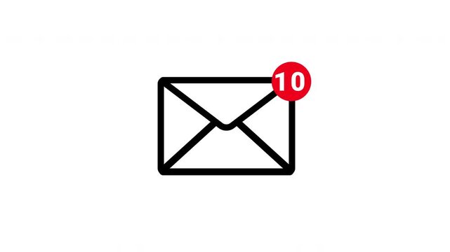 1 To 10 Unread Mail Notification Alert Animation With Black Line Email Icon On Isolated White Background