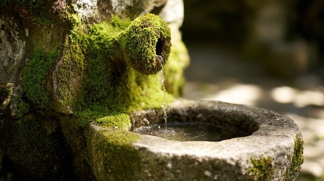 wellhead. Close-up of an ancient mossy stone wellhead with water flowing into a basin. real-estate listings.