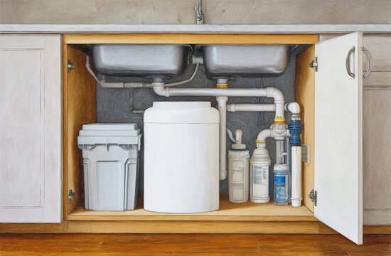 Under sink water filter system with pipes and storage containers in kitchen cabinet