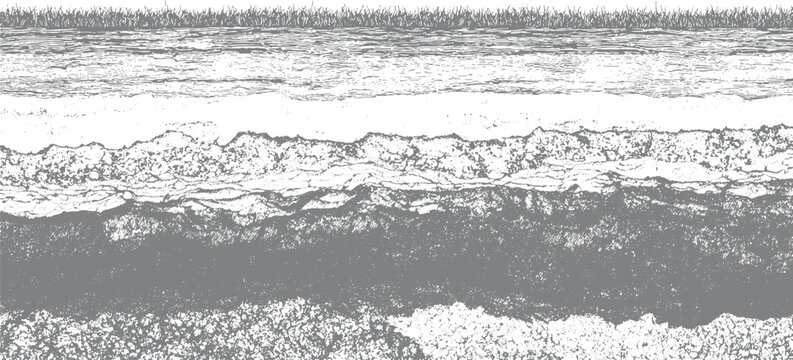 Grayscale textured abstract layers resembling natural strata or geological formations with a grassy edge