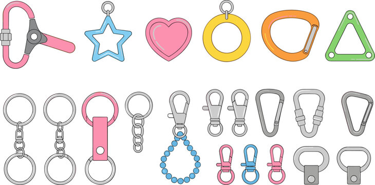 Vector set of colorful shaped carabiners, swivel lobster clasps, and silver keyrings in flat style.