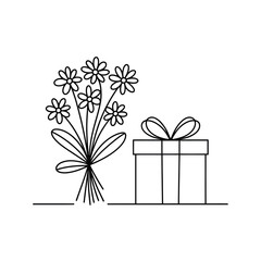 A simple line drawing of flowers and a gift box combination