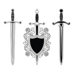 Three swords and a heraldic shield with floral ornamentation in black