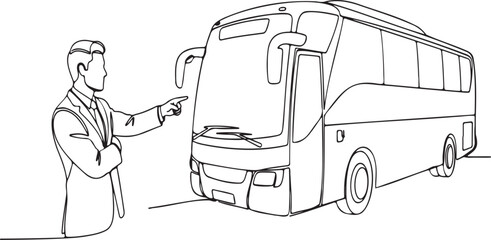 Man in suit pointing at a tour bus, representing travel