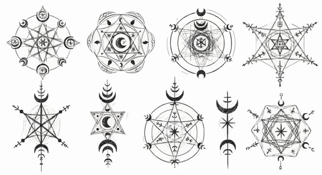 Original witchcraft-inspired star diagrams and creative sigil marks drawn with pencil and charcoal strokes, rough textured sketch style, unique symbolic designs, editable vector illustration.