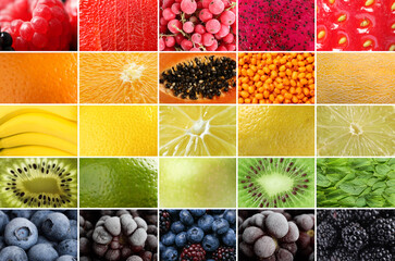 Various fruits, berries and mint leaves combined by colors, collage. Closeup view © New Africa