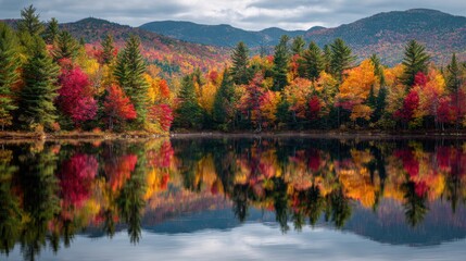 Fototapeta premium a scene at the White Mountain National Forest in New Hampshire showing beautiful fall colors, hundreds of trees above a lake 