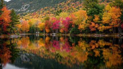Fototapeta premium a scene at the White Mountain National Forest in New Hampshire showing beautiful fall colors, hundreds of trees above a lake 