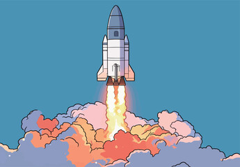 Naklejka premium A rocket takes off into the blue sky with thick clouds below as flames shoot out from its boosters in a bold launch.