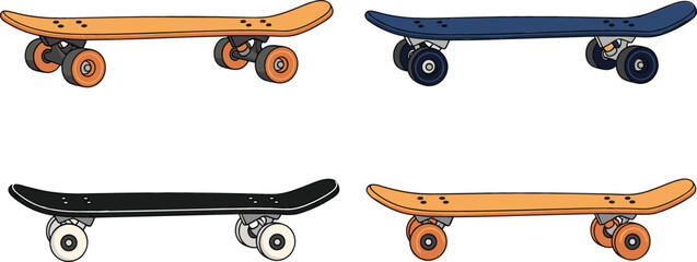 Colorful skateboard set featuring side profile views of various decks in orange, blue, and black for extreme sports, youth culture, and urban lifestyle concepts © Bappi