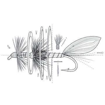 Exploded view diagram of a fly fishing lure, illustration