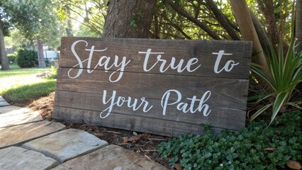 Fototapeta premium Rustic wooden sign with inspirational 'Stay True to Your Path' quote