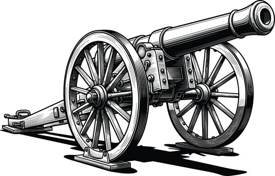 Vintage field cannon on large wooden wheels in a detailed woodcut sketch style for military history, civil war, and antique weaponry concepts