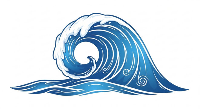 Large blue ocean wave with white foam cresting curling and rolling on the surface of the sea