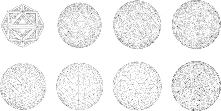 Abstract 3D geometric sphere wireframe set featuring polygonal mesh globes, geodesic domes, and crystalline lattice structures for technology and mathematics concepts