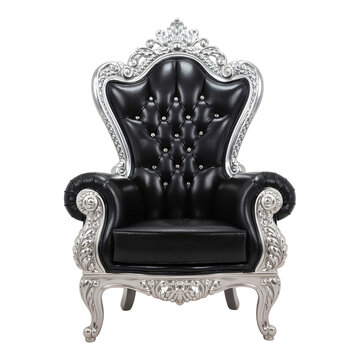 Black leather throne chair with silver frame isolated on a transparent background