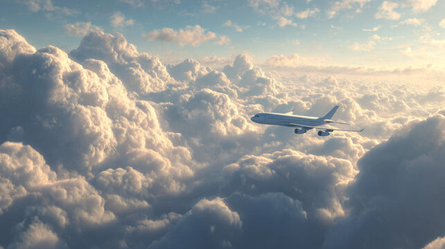 White passenger airplane with sleek fuselage and wings flying above fluffy white clouds during daytime sky