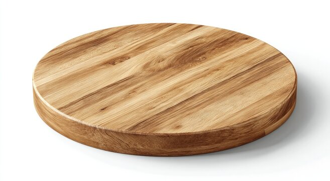 A circular, light-brown wooden cutting board, elevated on a white background, shadows present