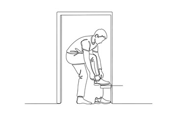 Fototapeta premium Single Line Art Drawing of a Person Tying Shoelaces in a Doorway