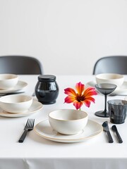 Fototapeta premium A modern table setting with minimalist ceramic dishes, sleek black cutlery, and a single dramatic flower , decor, clean