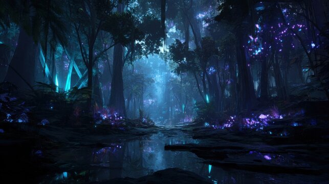 青や紫に発光する植物が群生する神秘的な夜の森 ファンタジー・SF系の背景素材