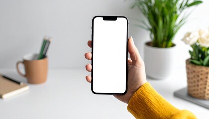 手に持ったスマートフォンのモックアップ
