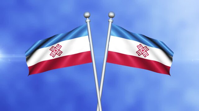 Mari El Crossed Flags Waving in Blue Sky Loop