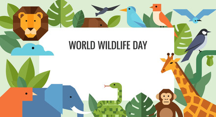 Fototapeta premium A vibrant illustration celebrating World Wildlife Day with a diverse array of animals and lush greenery.