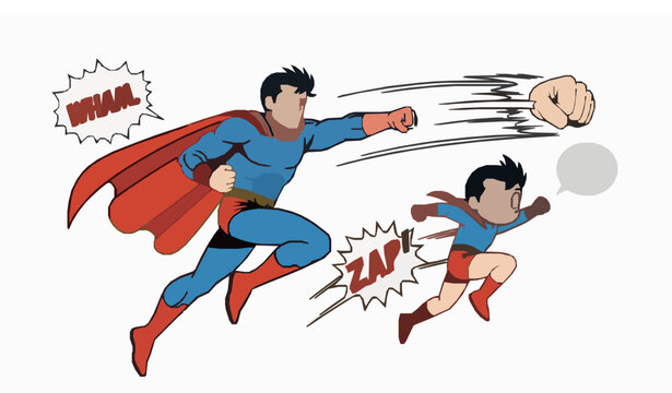 Manga comic vector illustration with hero and sidekick action scene in Japanese art style
