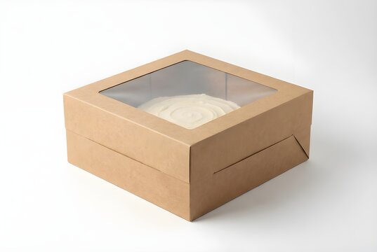 Large Square Kraft Paper Cake Box with Clear Lid on White for Bakery Packaging and Dessert Delivery Branding