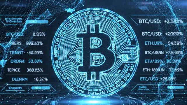 Digital currency symbol glows with financial data and network connections.