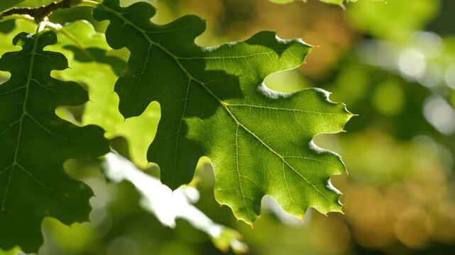 Vibrant green oak leaf with visible veins in bright sunlight