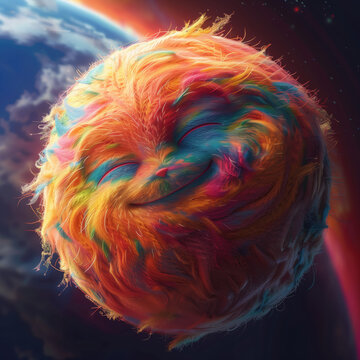 Furry planet happy expression concept, cartoon, colours orange, covered in fur, beautiful, alien 3d illustration