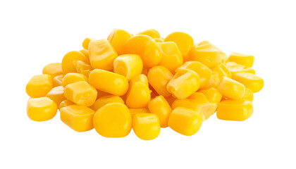 Fototapeta premium A close-up shot of a pile of bright yellow corn kernels against a black background. The kernels are shiny