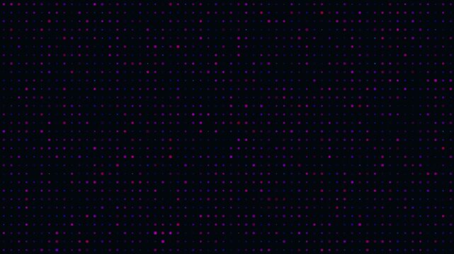 Abstract digital background featuring a structured grid of glowing purple, magenta, and blue particles on a dark backdrop, representing data processing, digital information, and modern technology