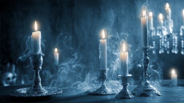 Light Victorian occult ritual background with glowing candles and soft smoke. Elegant gothic atmosphere designed for high visibility, Halloween marketing, and spiritual design use.