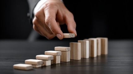 Hand Stacking Wooden Blocks in a Sequential Arrangement on Table