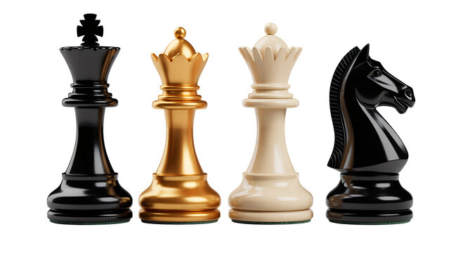 Chess pieces on white background king queen knight isolated on a transparent background