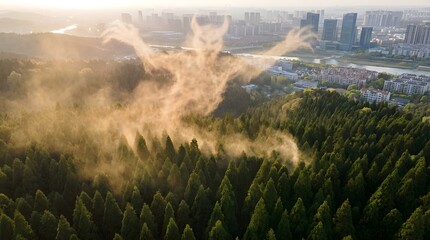 都会的な町に襲いかかろうとしている、悪魔の形をした杉花粉(ai生成画像)	